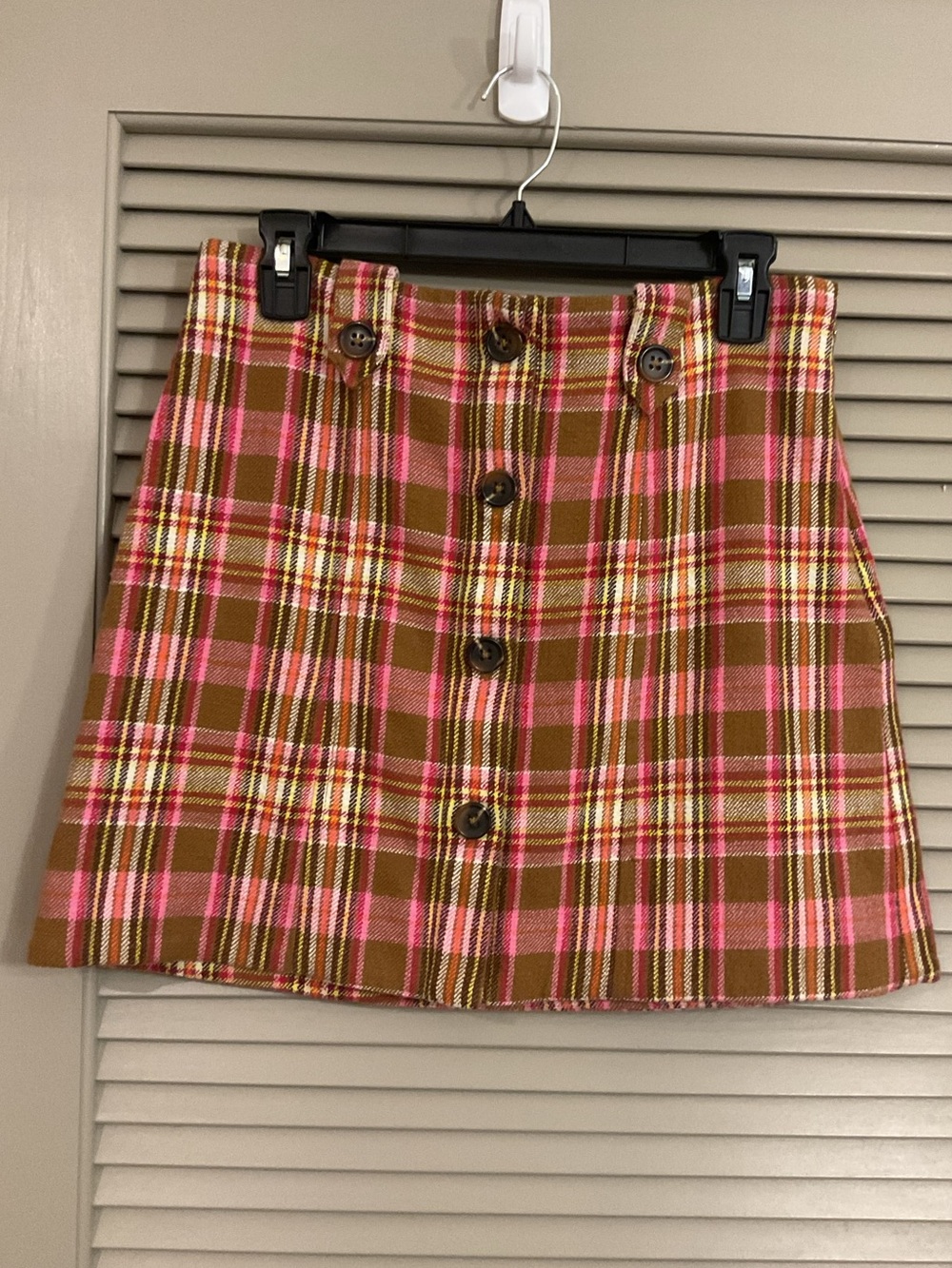 Maeve by Anthropologie Plaid Button-Front Mini Skirt in Pink and Brown
